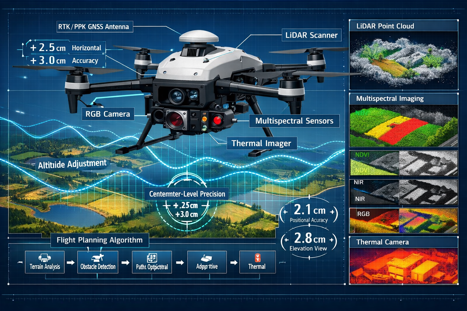Landscape format (1536x1024) detailed technical illustration showing autonomous drone flight path planning system with predictive modeling v