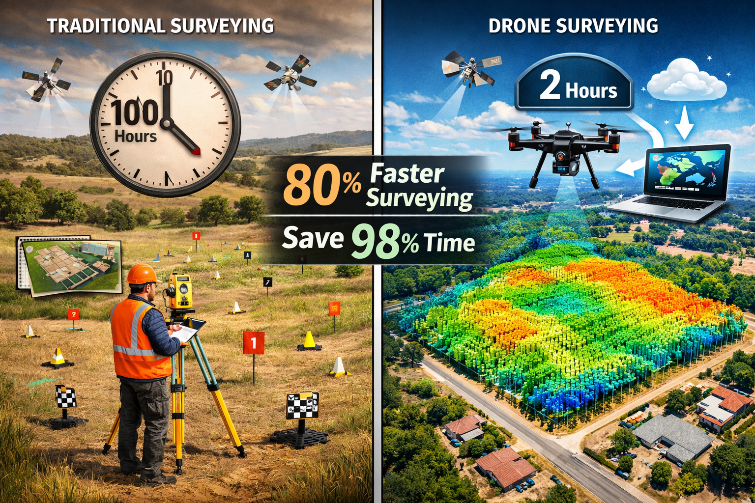 Landscape format (1536x1024) comparison visualization showing traditional surveying methods versus autonomous drone surveying efficiency for