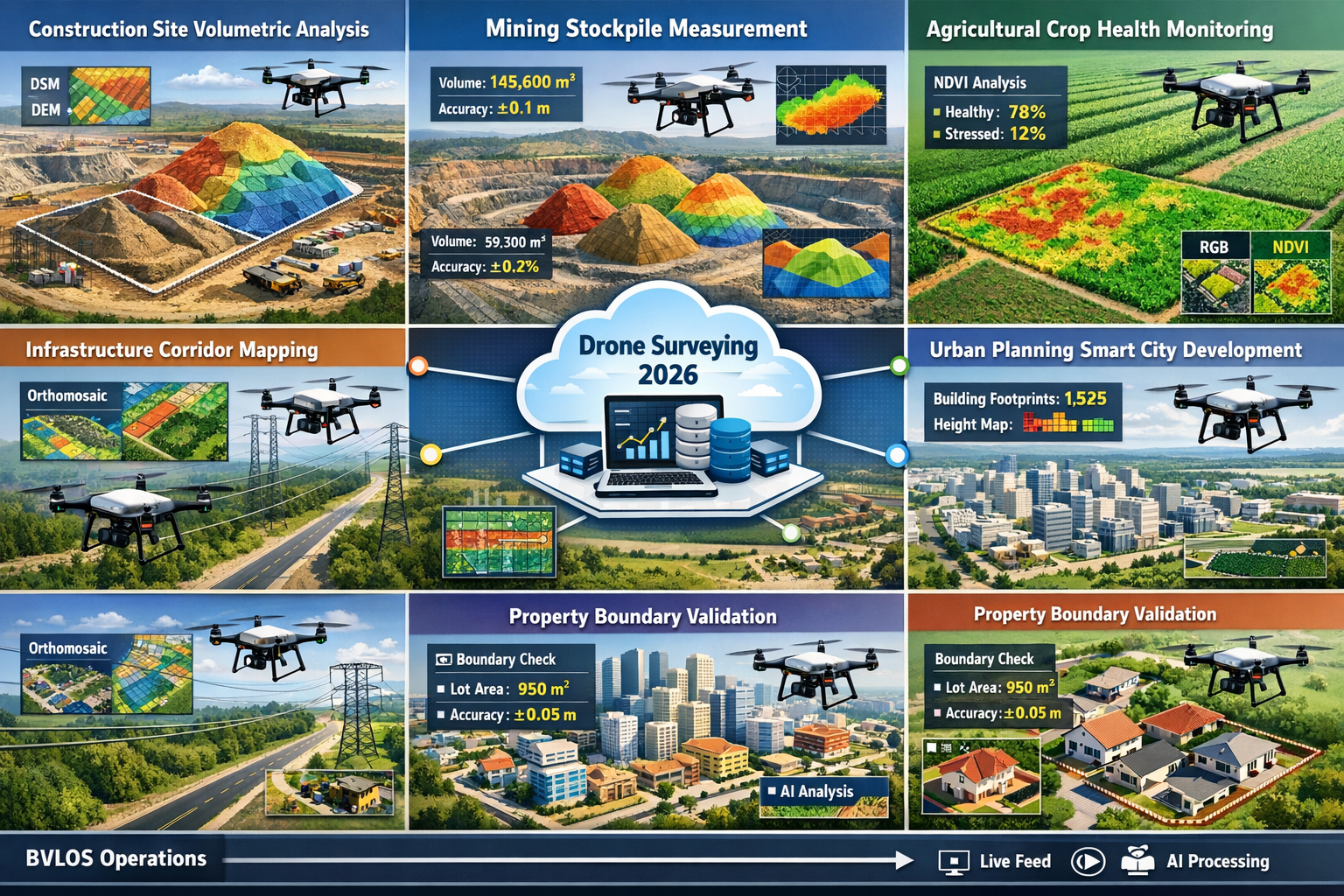 Landscape format (1536x1024) comprehensive application showcase displaying autonomous drone surveying across multiple industries in 2026. Gr
