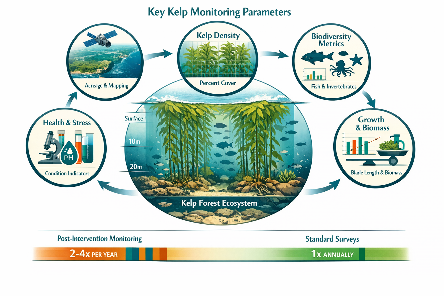 () detailed infographic showing six key kelp monitoring parameters in circular arrangement: Area Extent (satellite imagery