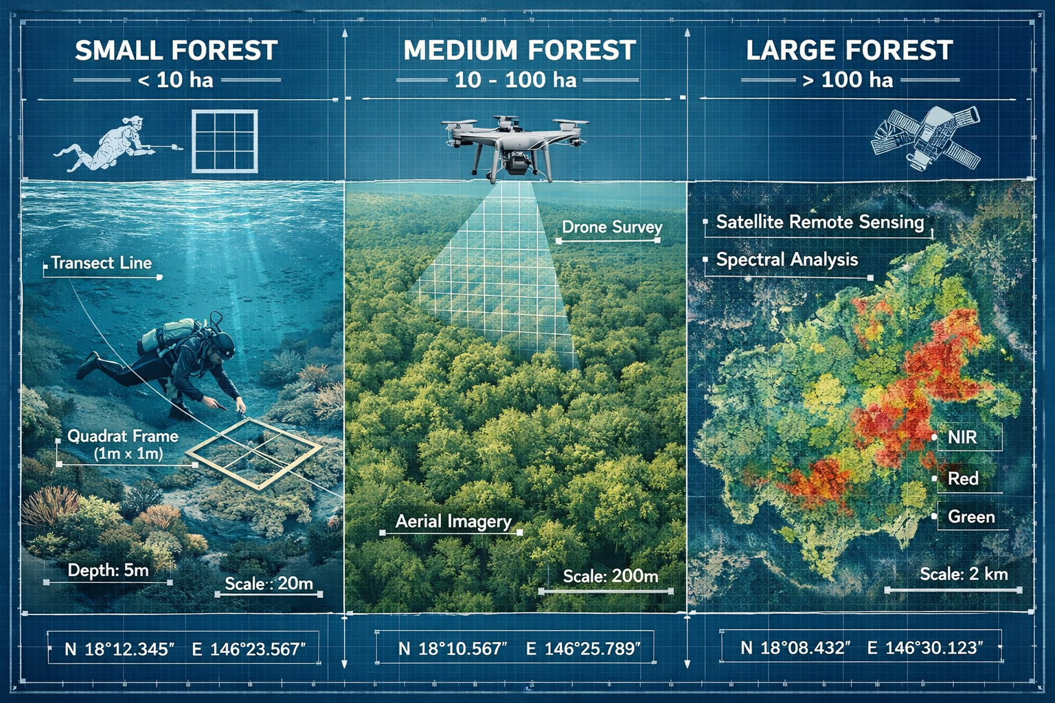 () comparison visualization showing three survey method scales: small forest under 10 hectares with diver conducting