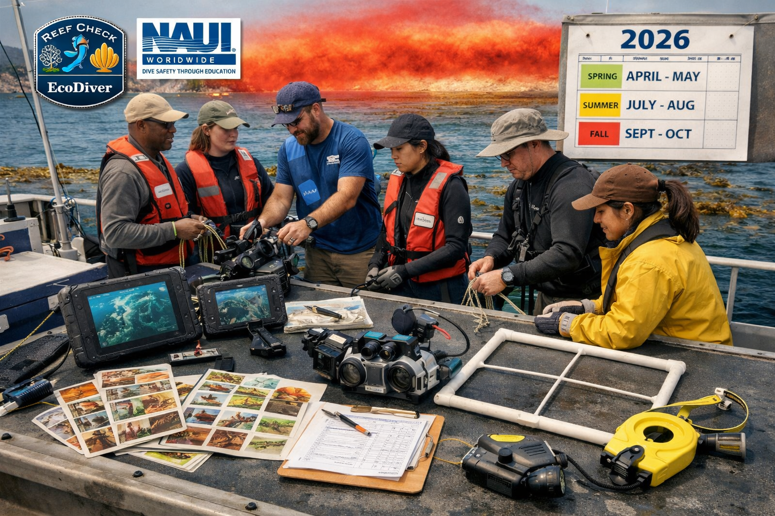 () field training scene showing diverse team of citizen scientists and professional surveyors on research vessel preparing