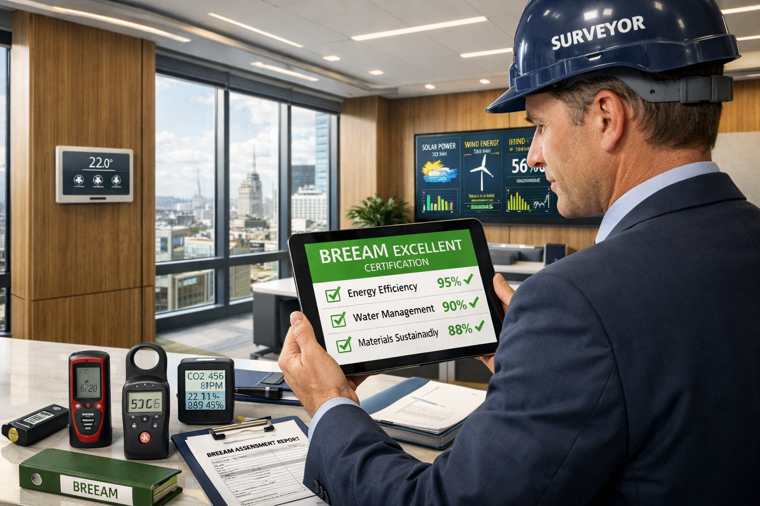 () detailed illustration showing chartered surveyor in professional attire conducting BREEAM assessment inside premium West