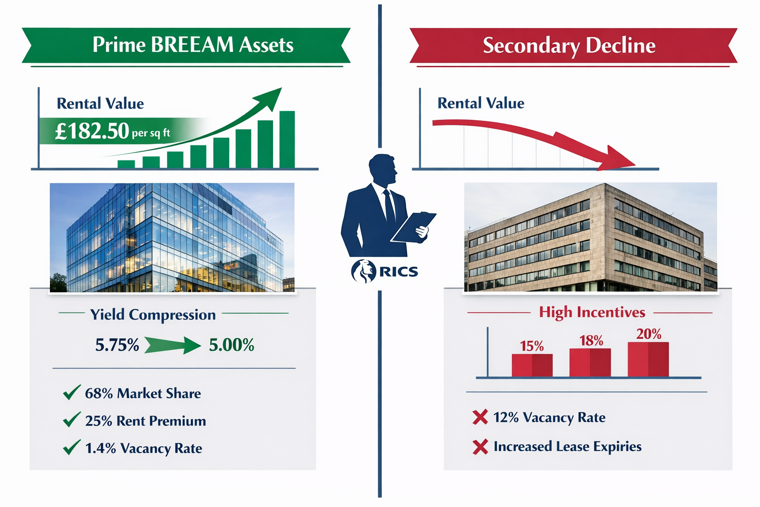 () comprehensive comparison infographic split vertically down center. Left panel labeled 'Prime BREEAM Assets' shows upward