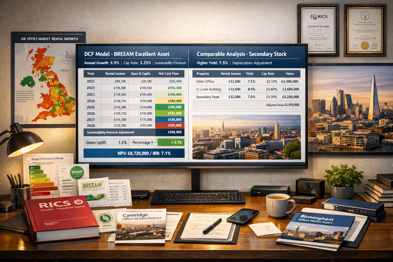 () detailed scene of modern surveyor's office workspace showing valuation methodology in action. Large wall-mounted monitor