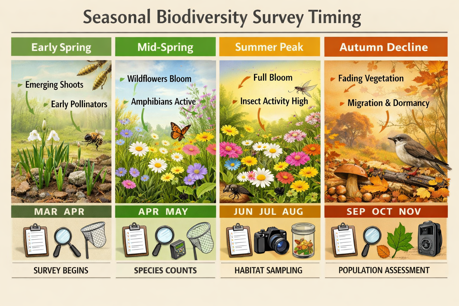 Landscape format (1536x1024) editorial image showing detailed comparison of seasonal biodiversity survey timing across four panels: early sp