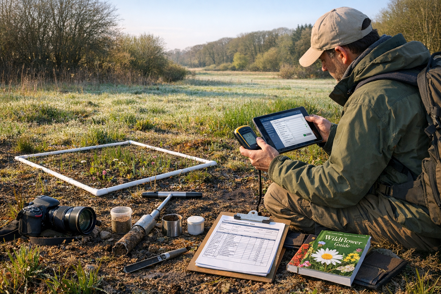 Landscape format (1536x1024) professional photograph of ecologist conducting early spring baseline survey in diverse habitat, using modern s