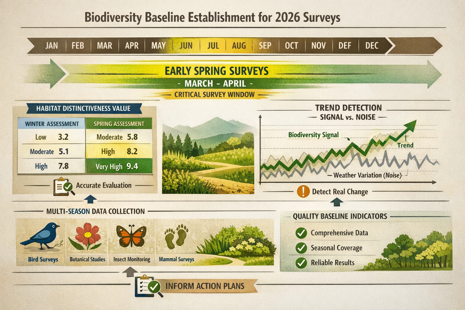 Landscape format (1536x1024) detailed infographic showing biodiversity baseline establishment workflow for 2026 surveys. Central timeline ar