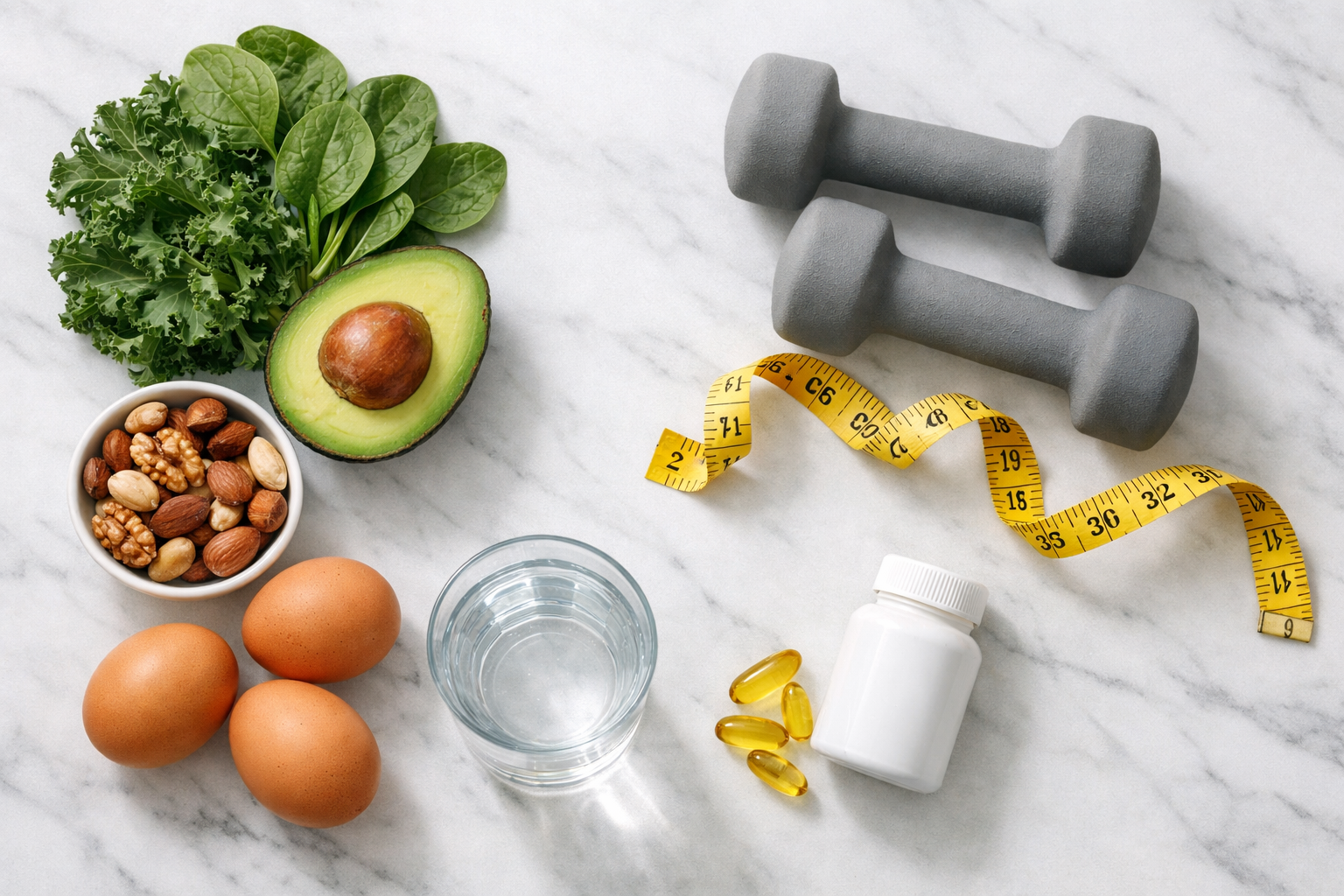 Professional flat-lay hero image: whole foods (avocado, eggs, leafy greens, nuts), dumbbells, measuring tape, water glass,