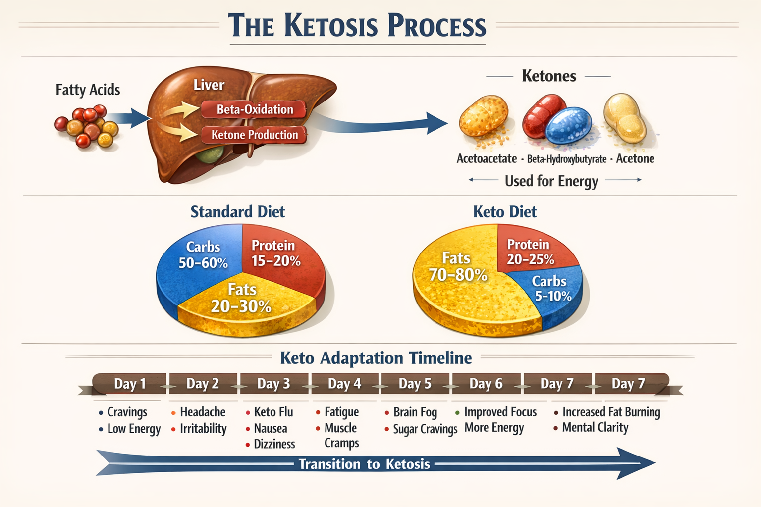 Detailed anatomical infographic showing ketosis process: liver converting fatty acids to ketones, side-by-side macronutrient