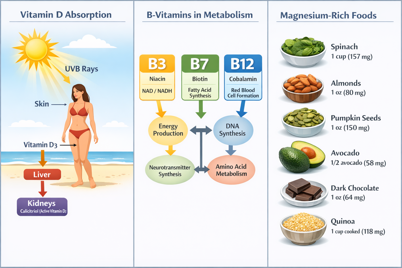 Clean three-panel visual guide: left panel shows Vitamin D sunlight absorption diagram, center panel shows B-vitamin