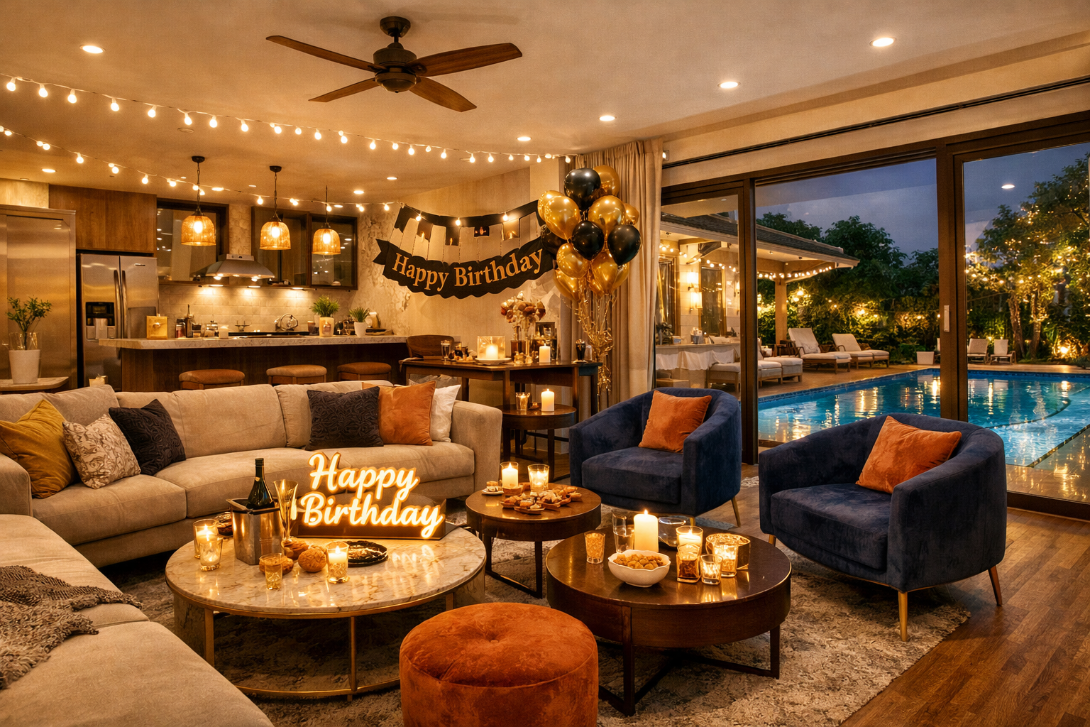 () image showcasing a luxurious Airbnb villa interior in Gurgaon, specifically designed for a milestone birthday