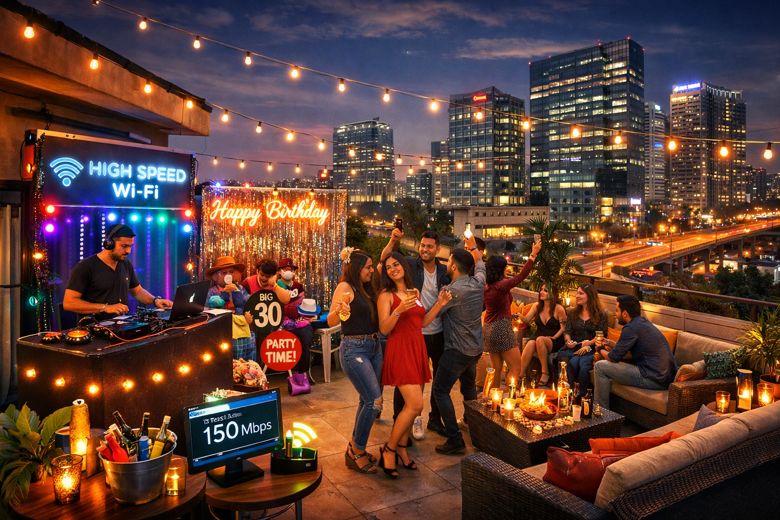 () image depicting a dynamic rooftop party in a Gurgaon Airbnb near Cyber City or Udyog Vihar, designed for a milestone