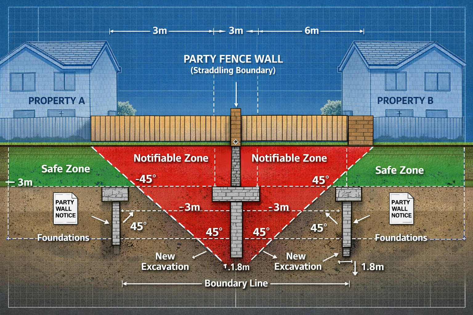 () detailed infographic illustration showing cross-section view of two neighboring properties with garden wall on boundary