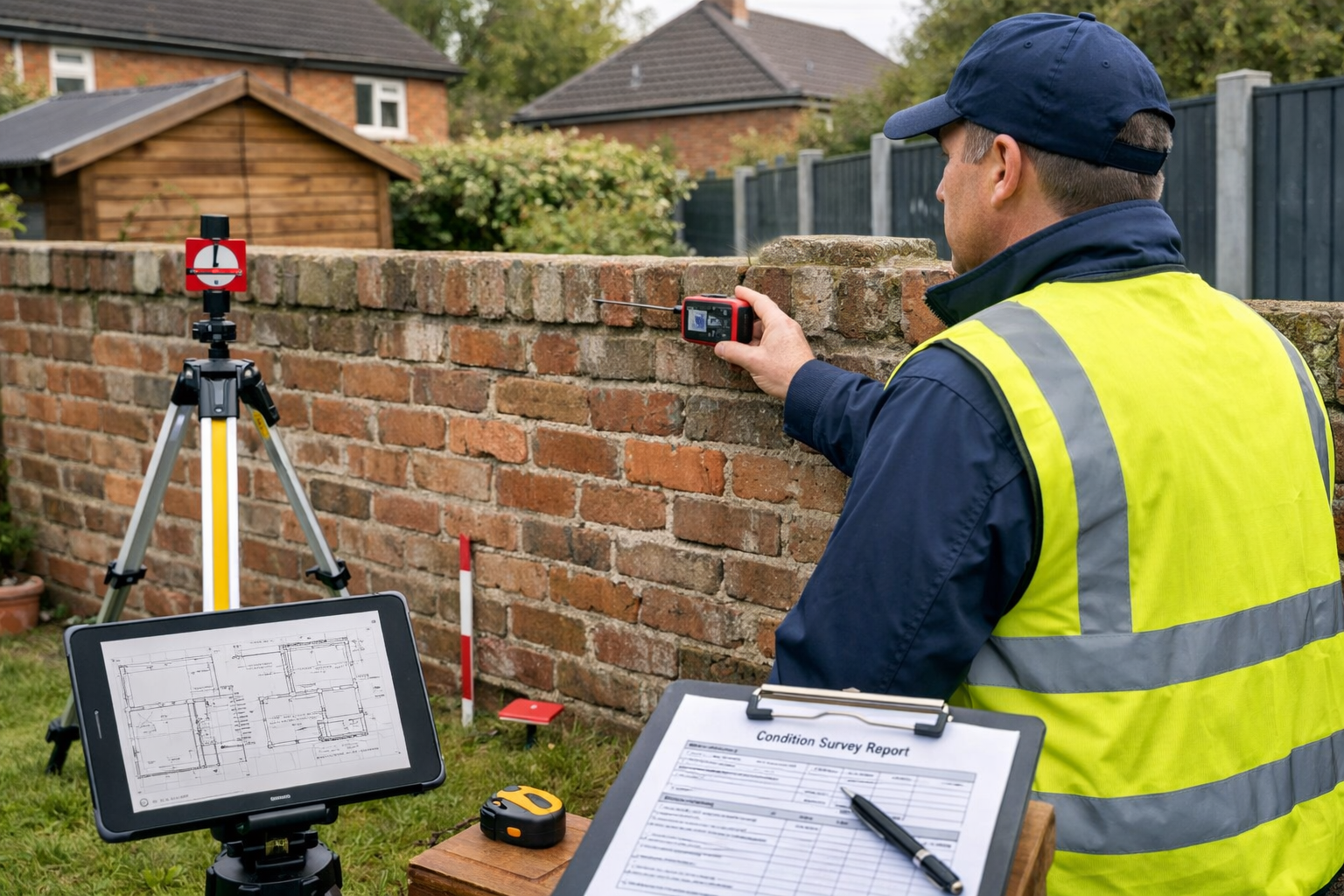 () professional consultation scene showing party wall surveyor in high-visibility vest conducting boundary assessment in