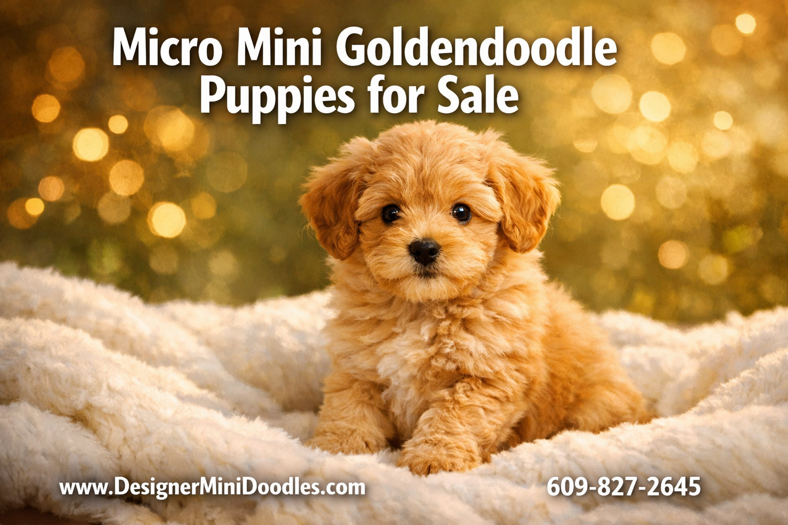 Professional () hero image featuring 'Micro Mini Goldendoodle Puppies for Sale' in extra large white with deep effect,