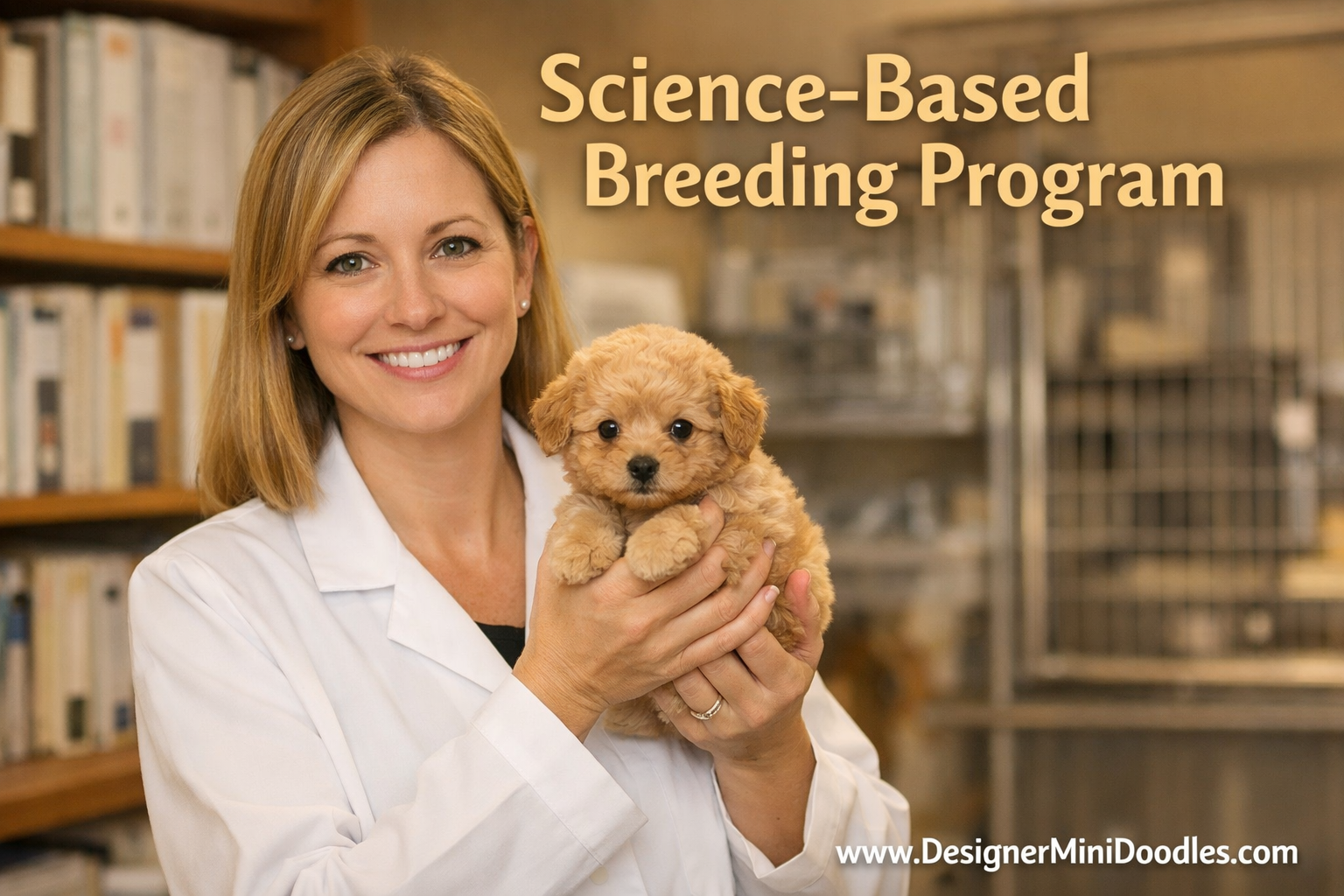 () editorial image showing a certified animal biologist in a clean professional breeding facility holding a tiny fluffy