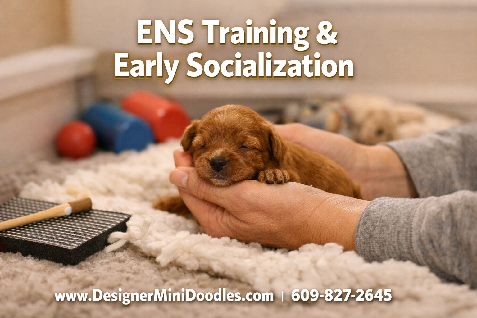 () warm lifestyle photo showing a micro mini goldendoodle puppy in a professional whelping area with soft bedding, early