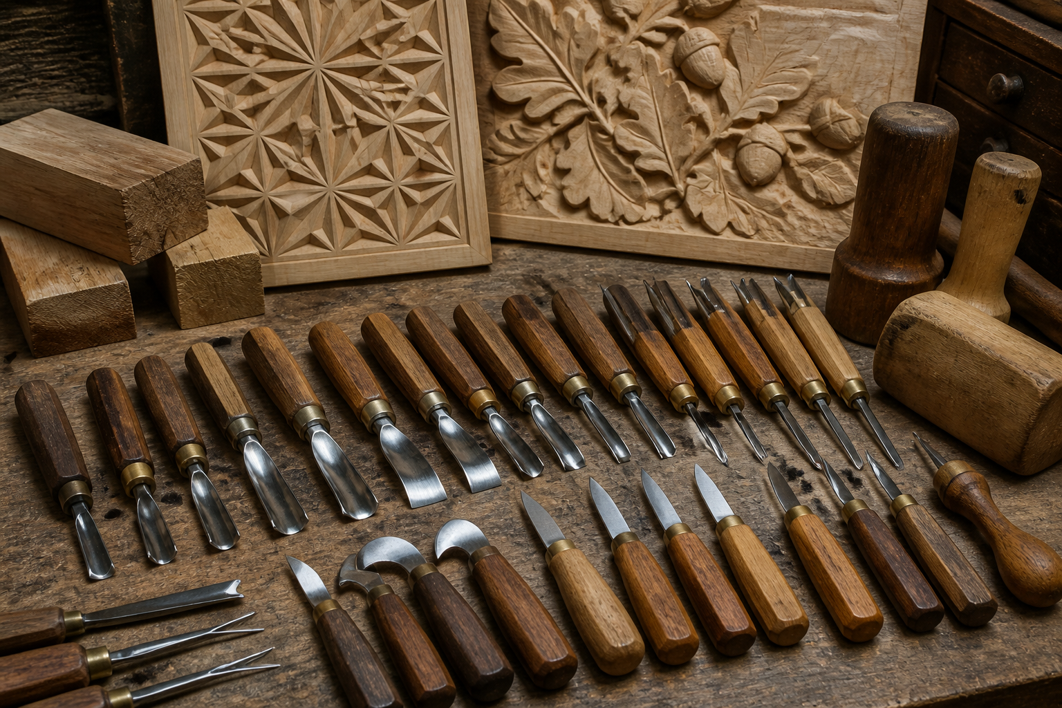 () image showcasing a diverse collection of specialized hand carving tools arranged artfully on a workbench next to various