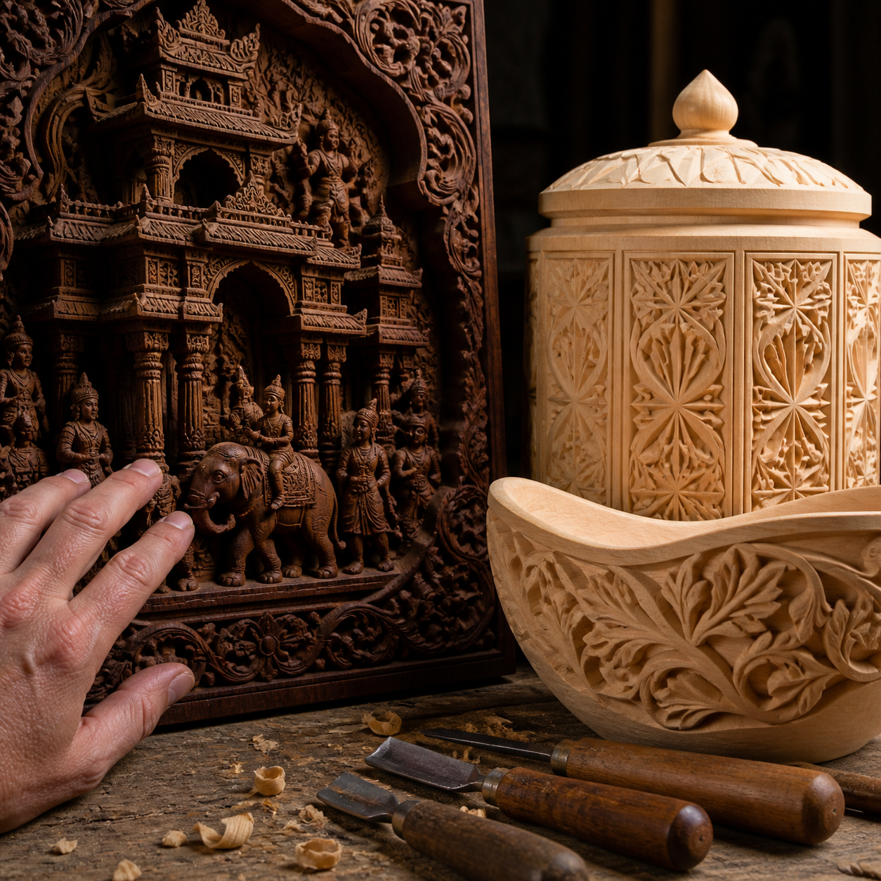 () image illustrating the contrast between different advanced wood carving styles. On one side, a detailed, multi-layered