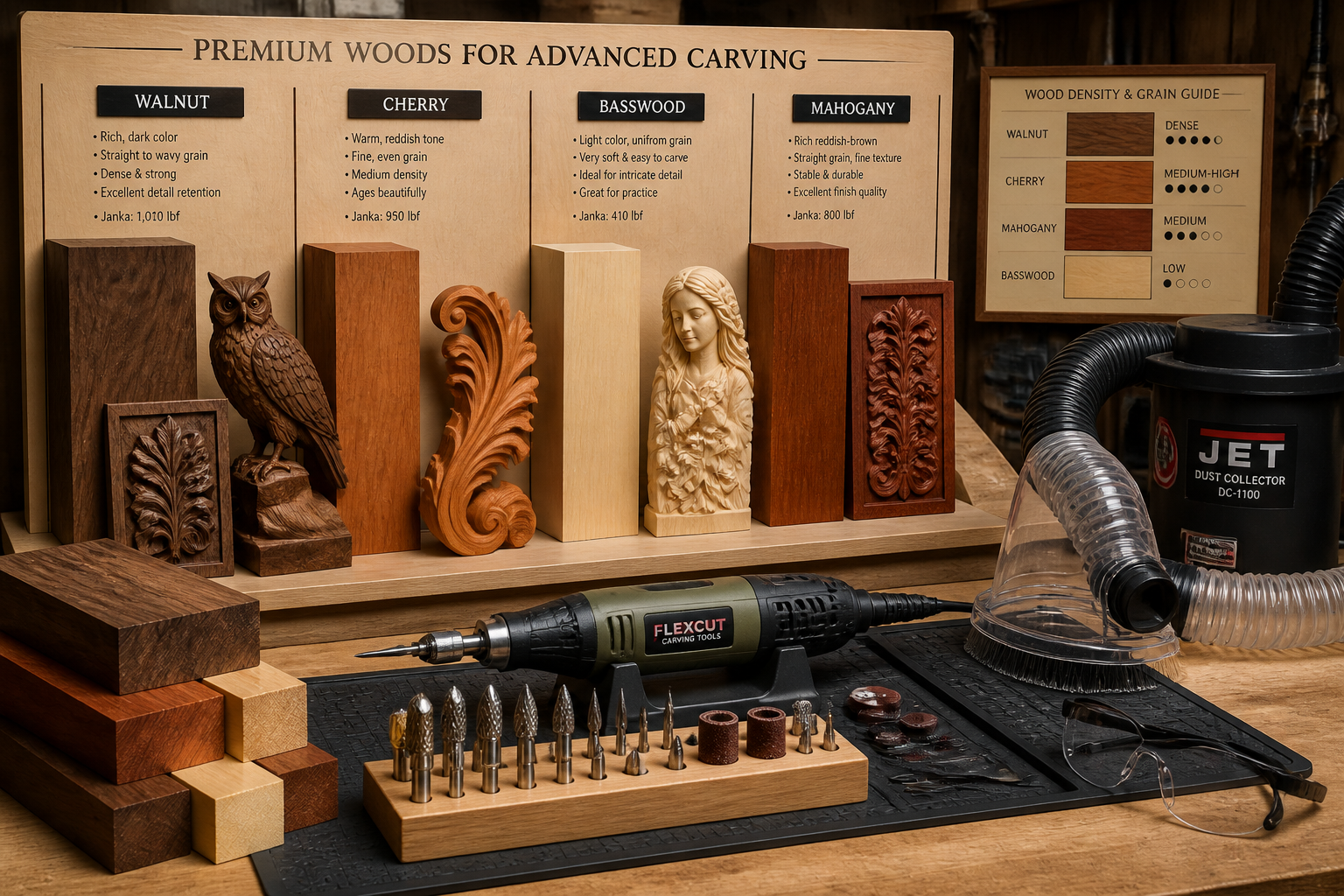 () image depicting an organized selection of premium hardwoods and softwoods suitable for advanced carving. Show different
