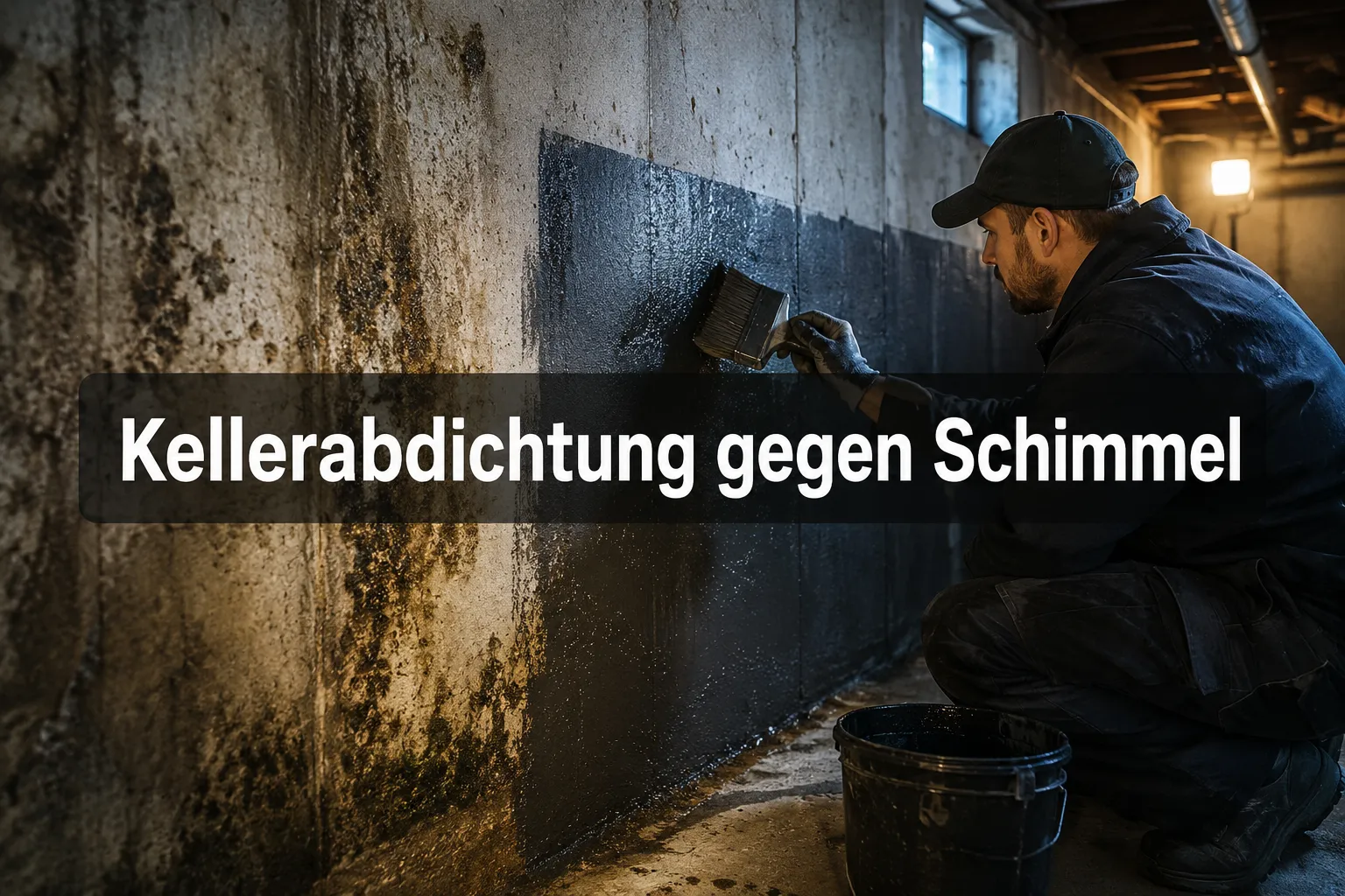Professional () hero image with (≤42 chars): 'Kellerabdichtung gegen Schimmel' in crisp white on a dark semi-transparent