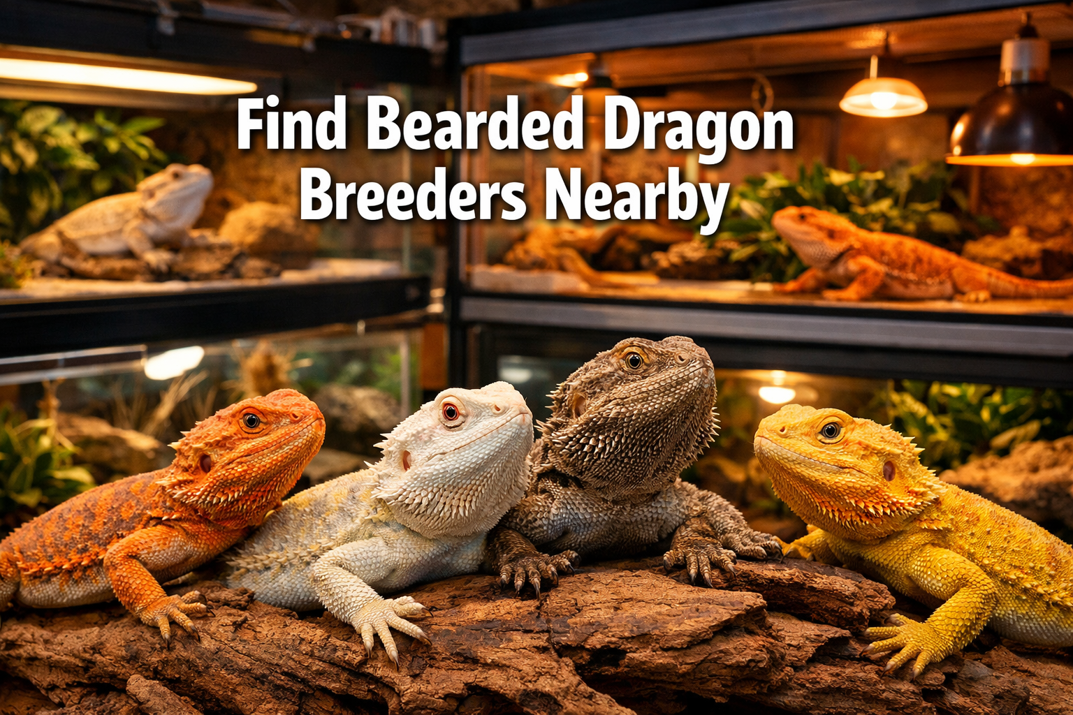 Professional landscape format (1536x1024) hero image featuring bold text overlay 'Find Bearded Dragon Breeders Nearby' in extra large 70pt w