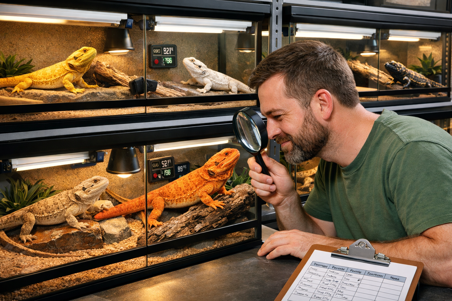 Detailed landscape format (1536x1024) image showing professional bearded dragon breeding facility with multiple glass terrariums, healthy ad