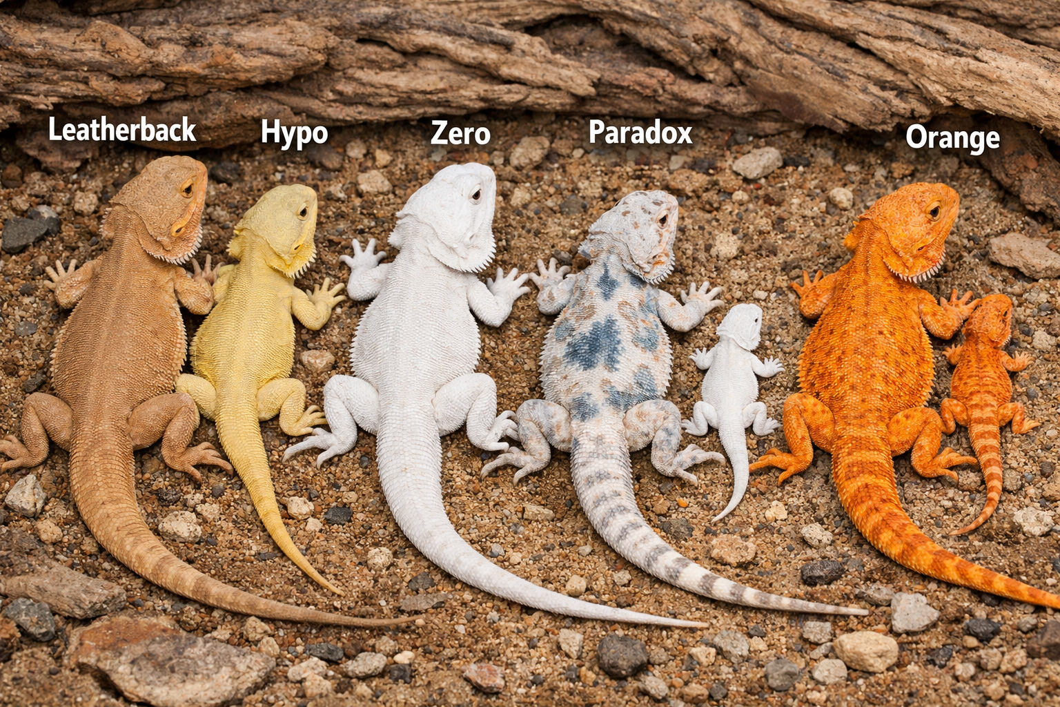 Professional landscape format (1536x1024) image displaying various bearded dragon color morphs side by side - leatherback, hypo, zero, parad