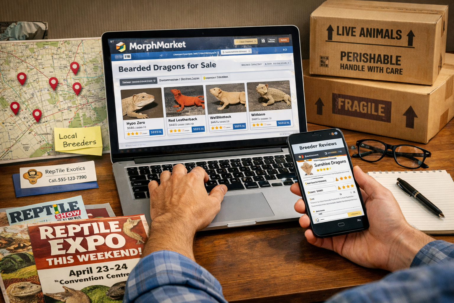 Detailed landscape format (1536x1024) image showing person using laptop and smartphone to research bearded dragon breeders online, with Morp