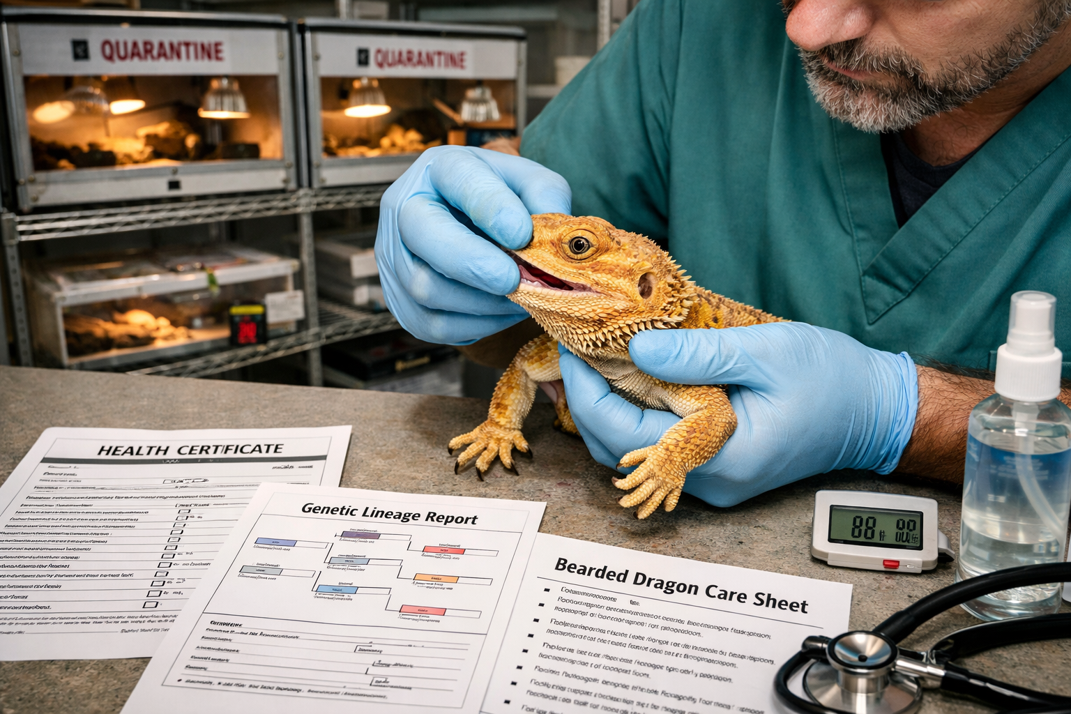 Professional landscape format (1536x1024) image of hands-on bearded dragon health inspection with veterinarian or experienced breeder examin