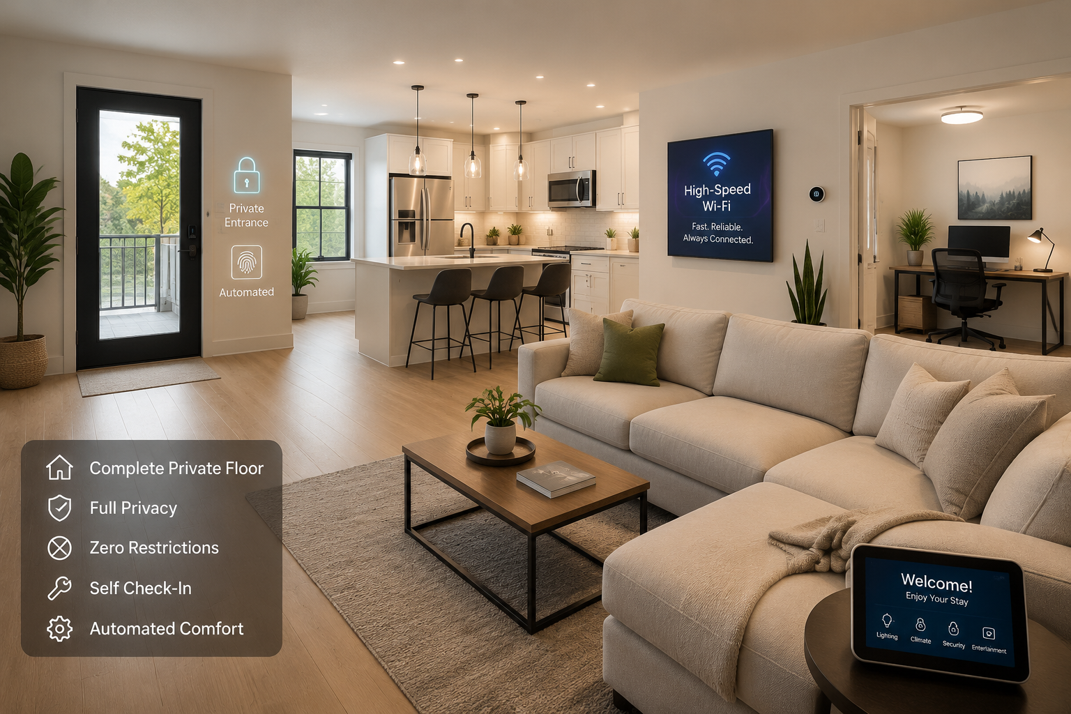 () image showcasing a bright, fully private Airbnb floor with a private entrance and exit, emphasizing its automated