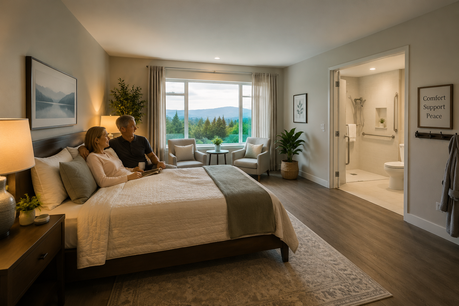 () image depicting a tranquil and accessible bedroom within an Airbnb, designed for post-treatment recovery. Features