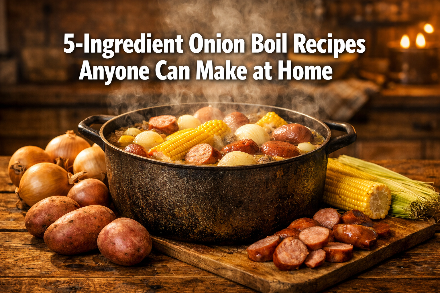 Professional landscape hero image (1536x1024) featuring bold text overlay '5-Ingredient Onion Boil Recipes Anyone Can Make at Home' in extra