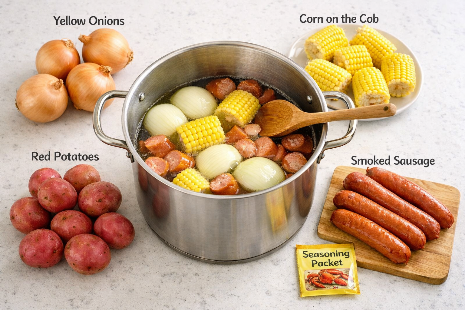 Landscape food photography (1536x1024) showing step-by-step preparation of classic onion boil recipe. Five simple ingredients laid out separ