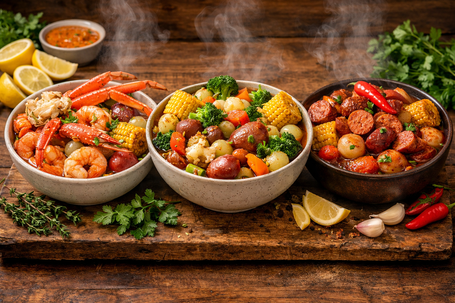Landscape food photography (1536x1024) displaying three different onion boil variations side by side in separate serving bowls. Left bowl sh