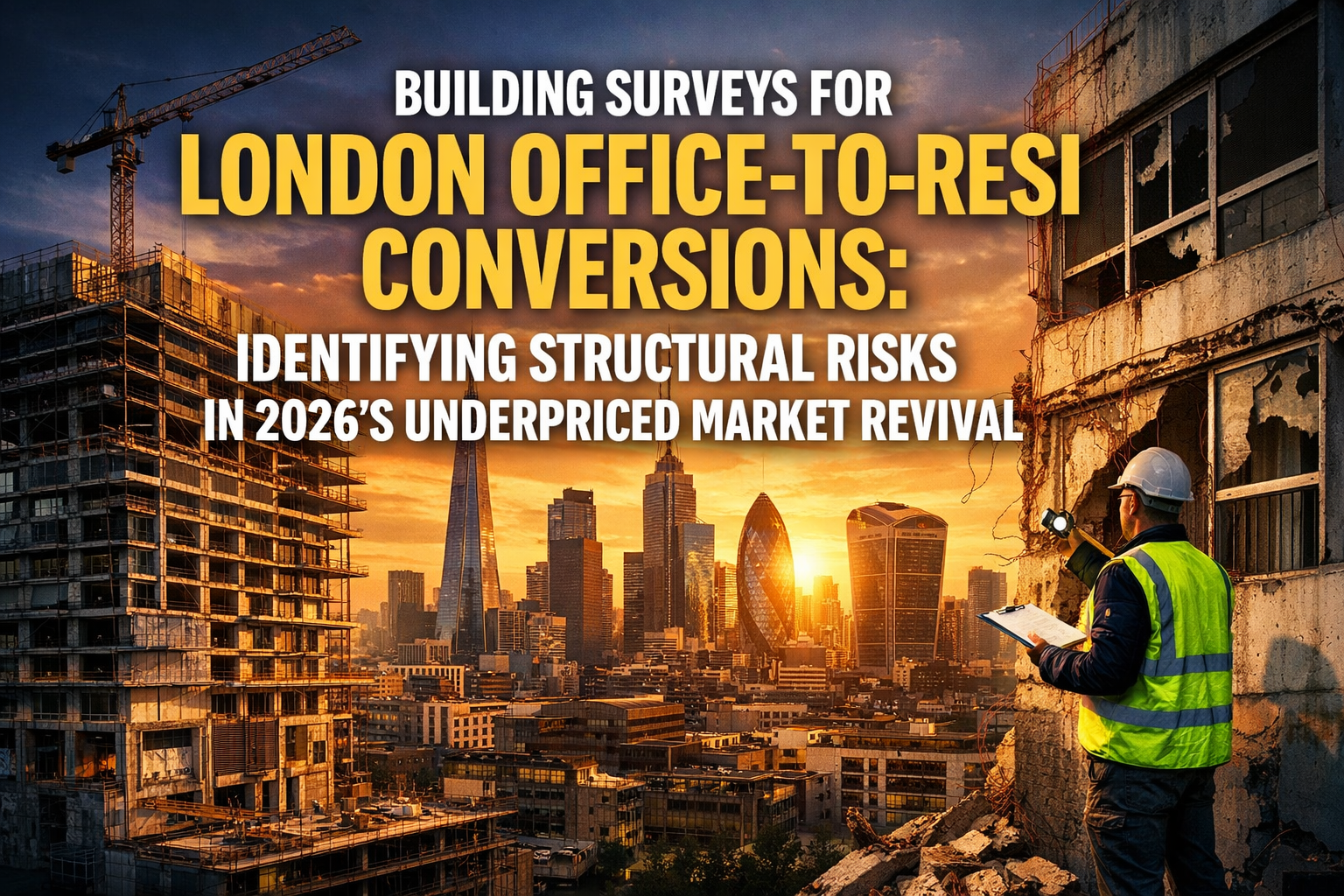 Professional landscape hero image (1536x1024) with bold text overlay: "Building Surveys for London Office-to-Resi Conversions: Identifying S