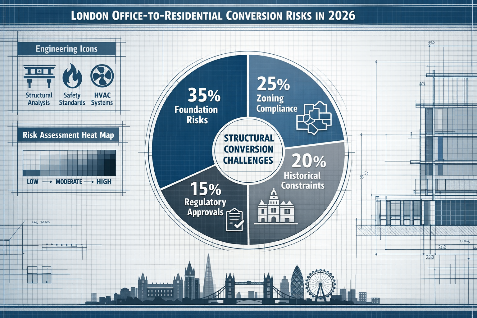 Comprehensive infographic visualizing key takeaways of London office-to-residential conversion risks in 2026, featuring data visualization w