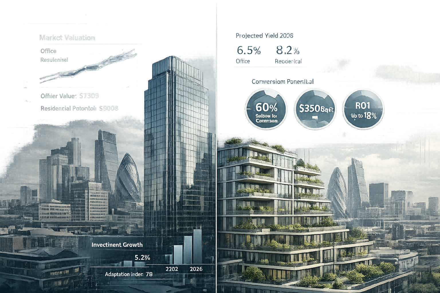 Panoramic visual landscape of London's evolving office district, showcasing transformation potential with split-screen architectural renderi