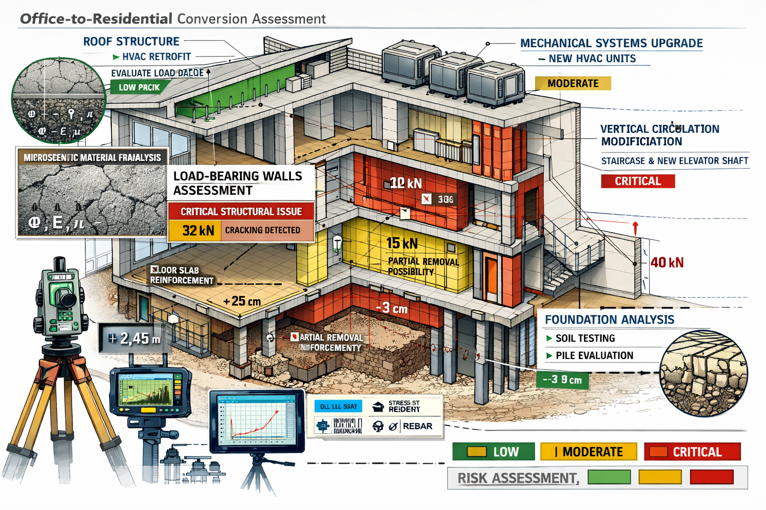 Detailed technical building survey visualization highlighting critical conversion components for office-to-residential projects. Cutaway arc