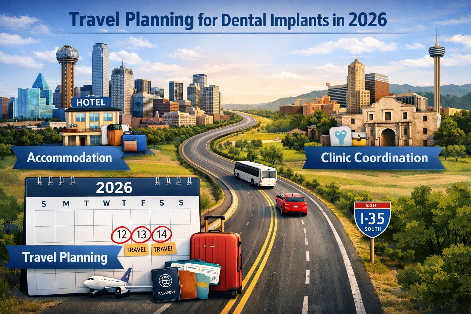 A visually engaging landscape image (1536x1024) depicting the logistics of traveling for dental care within Texas. This could include a road