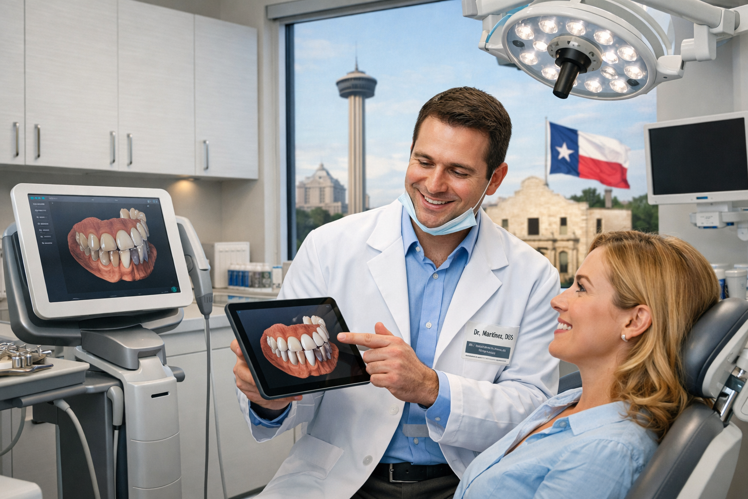 A professional landscape image (1536x1024) showcasing a modern dental clinic interior in San Antonio, emphasizing high-quality care. Feature