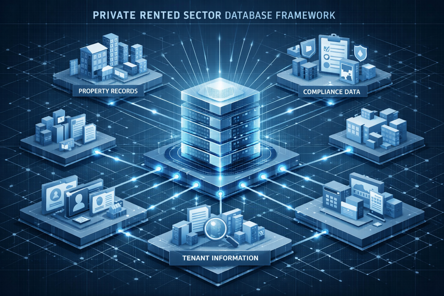 Professional architectural visualization depicting the Private Rented Sector Database Framework, featuring interconnected
