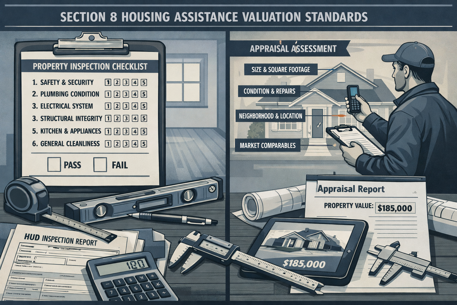 Detailed legal-technical illustration representing Section 8 Housing Assistance valuation standards, showing split-screen