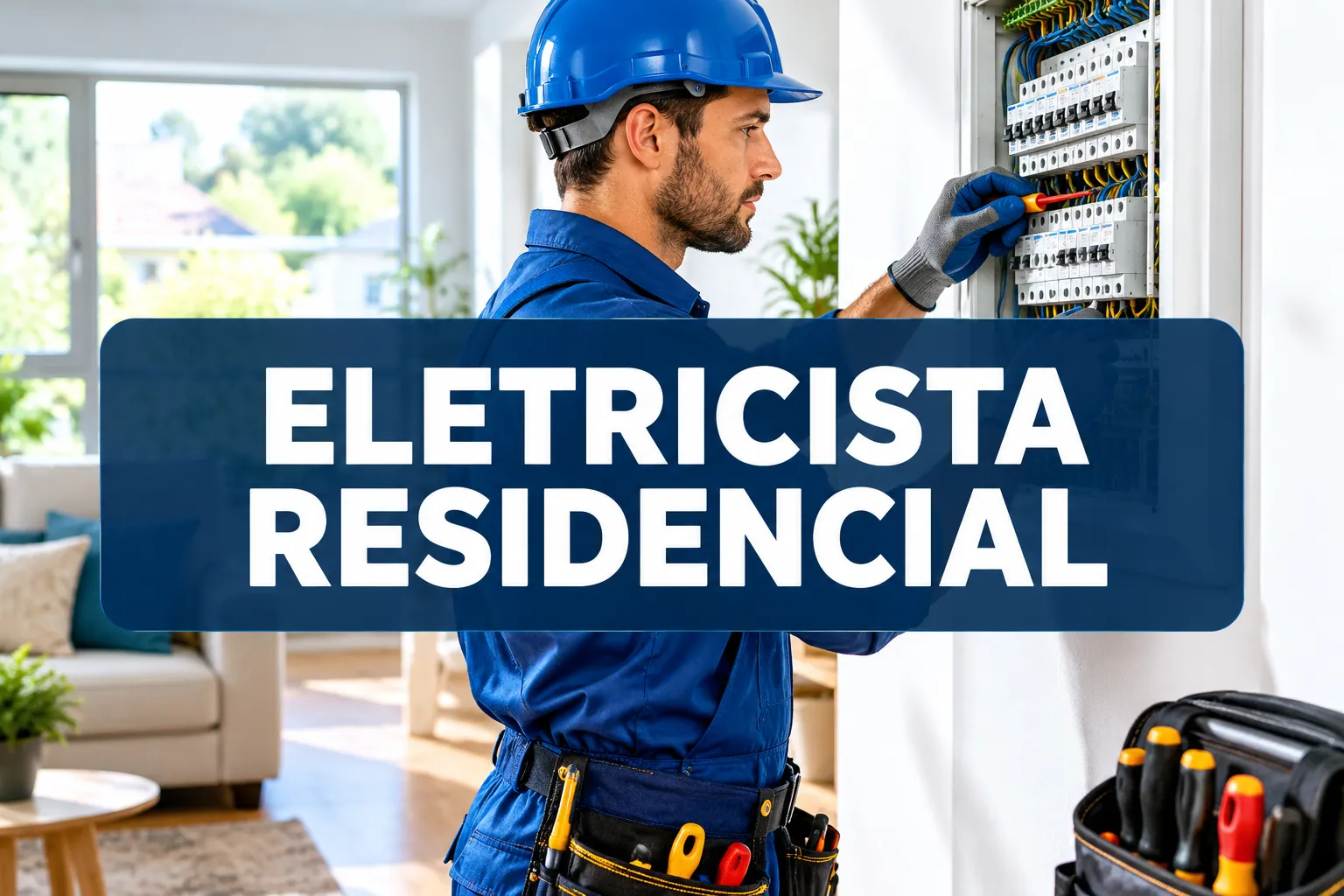 Professional () hero image with 'ELETRICISTA RESIDENCIAL' in crisp white on a deep navy semi-transparent panel, centered