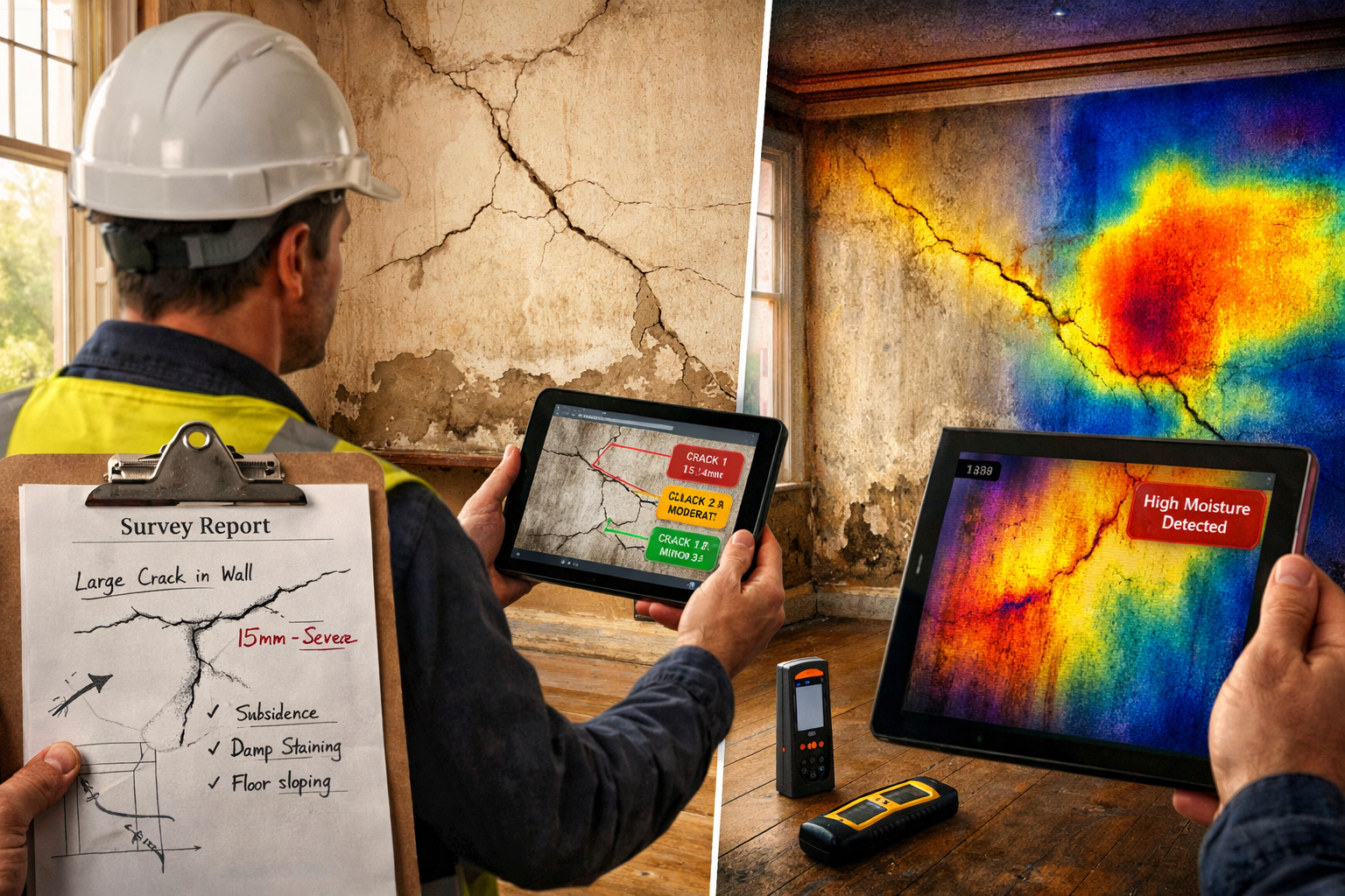 () photorealistic scene of building surveyor conducting Level 3 assessment in Victorian property interior showing structural