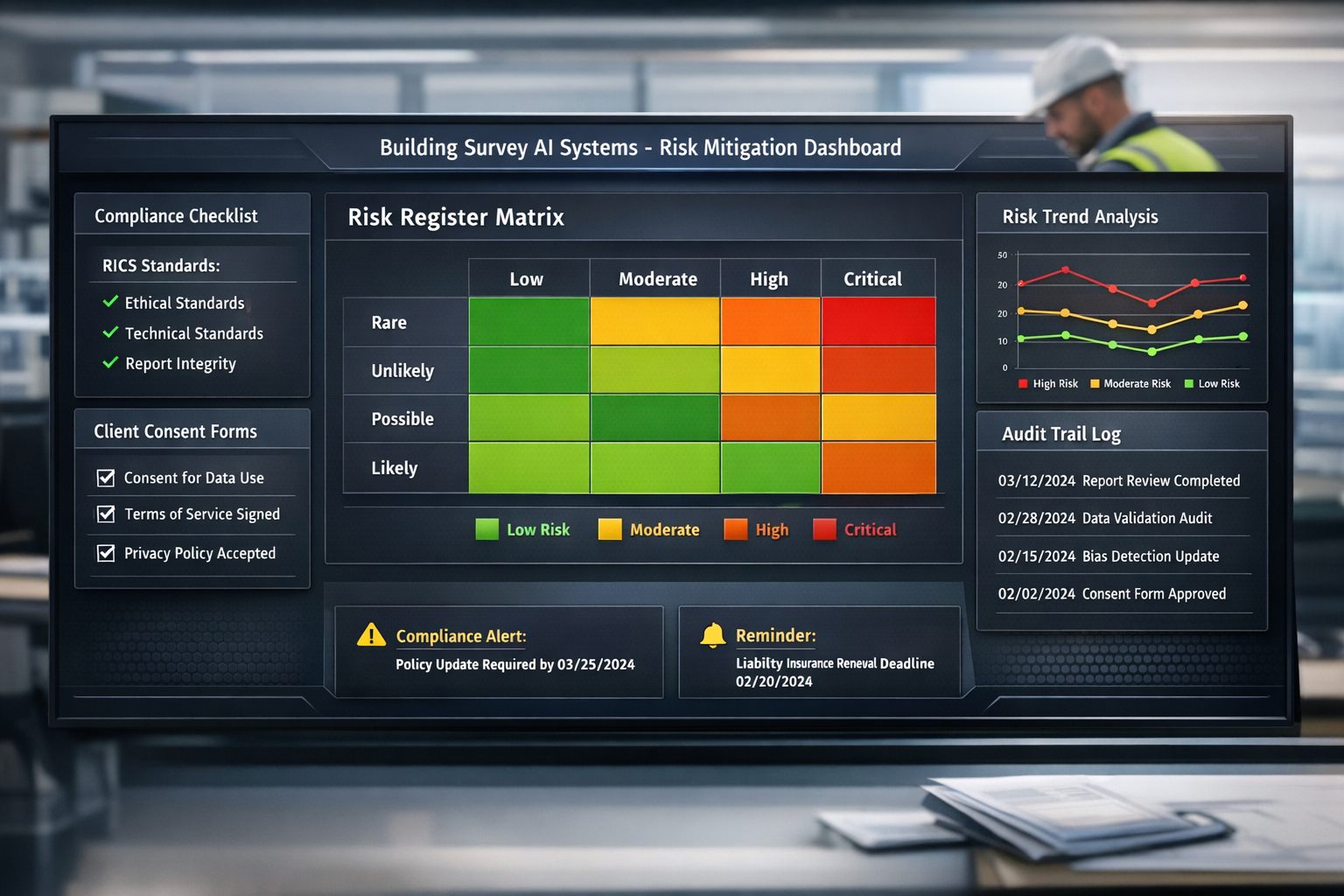 () professional risk mitigation dashboard interface mockup for building survey AI systems. Large central screen displays