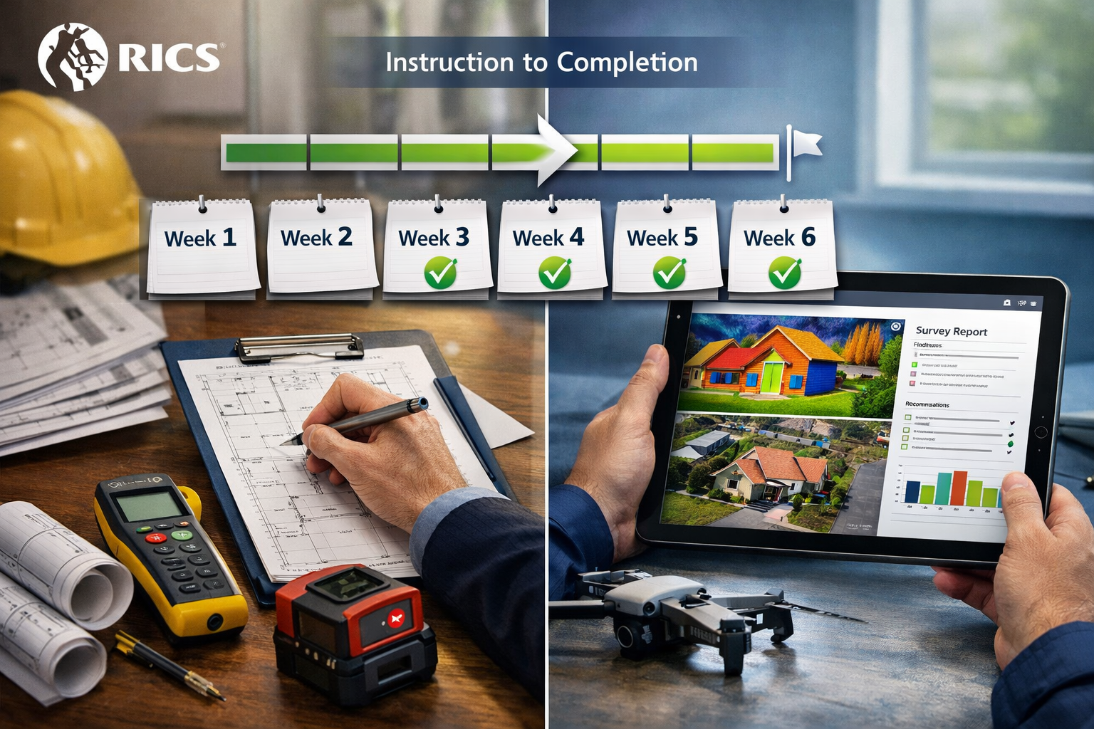 Detailed () image showing split-screen composition: left side displays traditional paper-based building survey process with