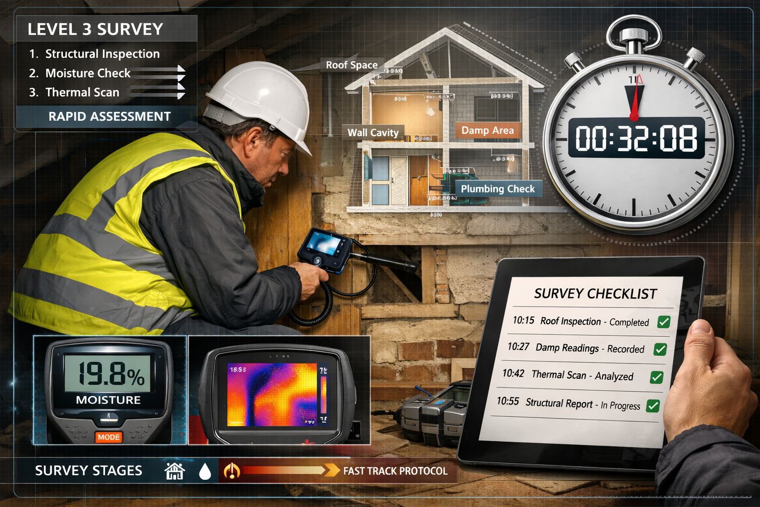 Detailed () image depicting interior of residential property during Level 3 building survey with surveyor conducting