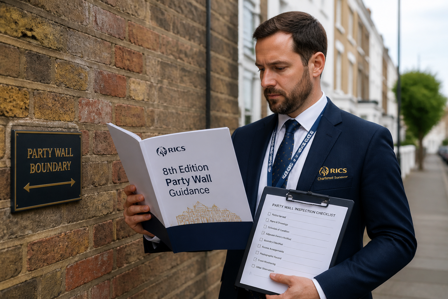 Wide-angle editorial photograph of a professional RICS-accredited surveyor in a suit standing at a shared boundary wall
